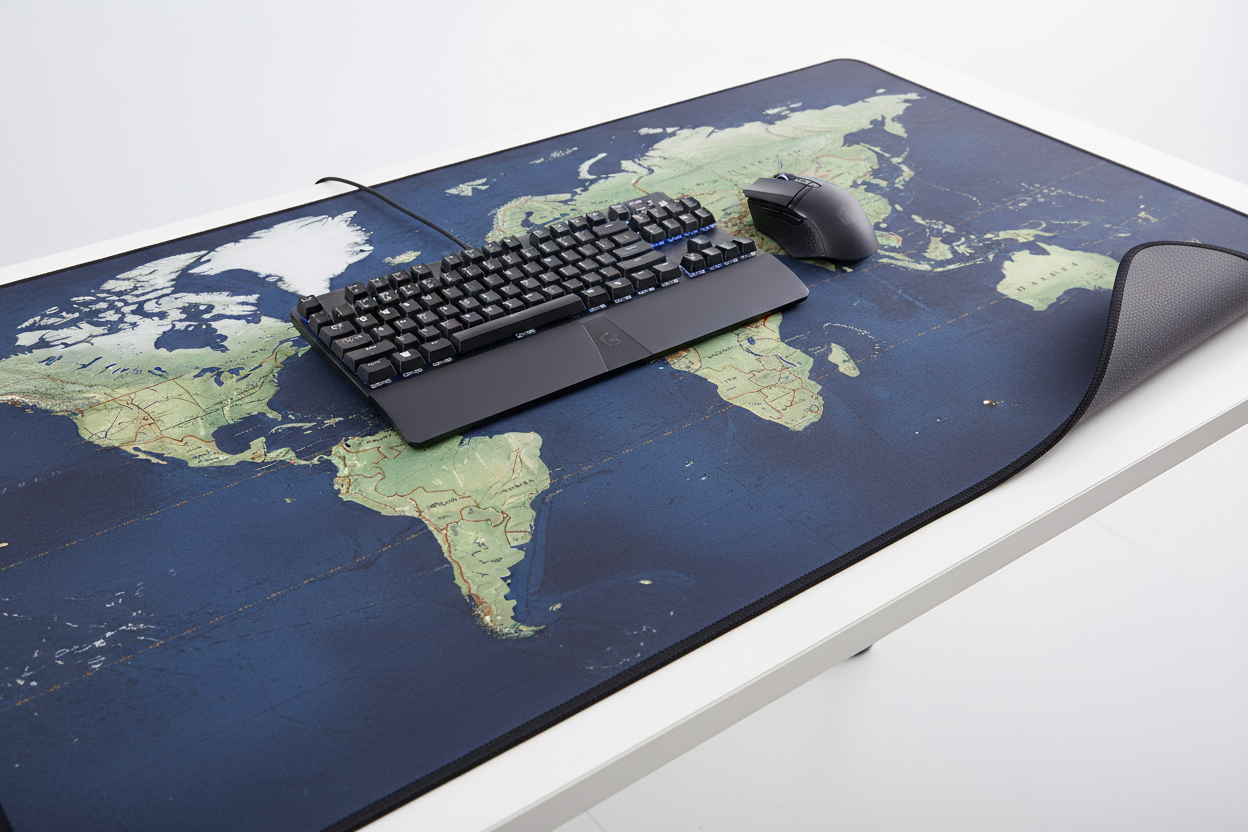 Imagen de producto estilo E-commerce de un Mousepad Gamer XL con diseño de mapa mundial.
Mousepad extra grande (90x40 cm) cubriendo gran parte del escritorio moderno y ordenado, con teclado y mouse gamer encima para mostrar la escala real.
Superficie textil suave con impresión detallada del mapa mundial, colores sobrios y elegantes.
Bordes cosidos visibles, acabado de alta calidad.
Base de goma antideslizante, ligeramente levantada en un esquina para mostrar el grosor de 3mm.
Sensación de producto premium. 